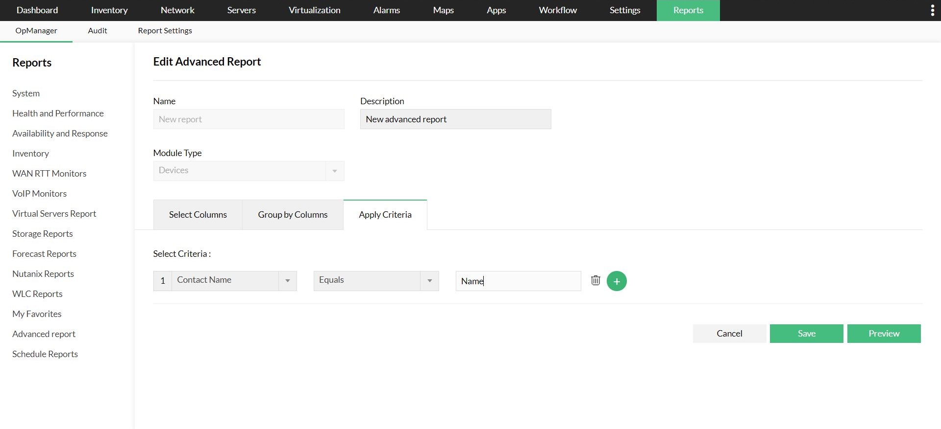 Apply criteria OpManager advanced reports: Apply criteria