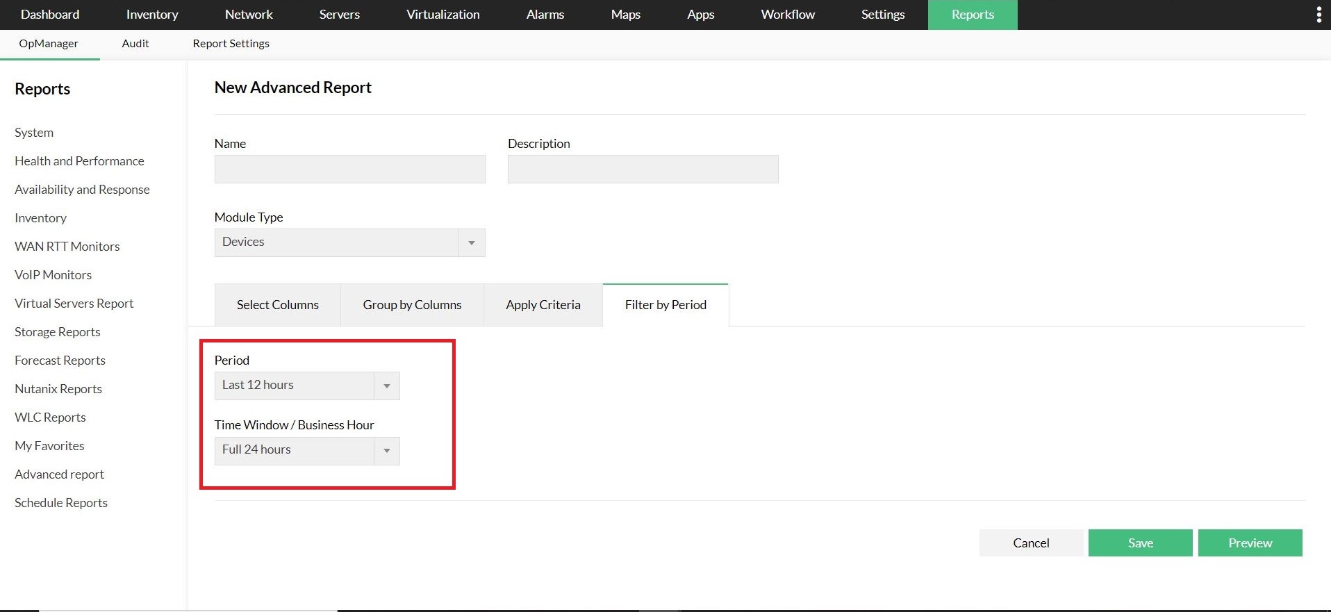 Filter by Period OpManager advanced reports: Period filter