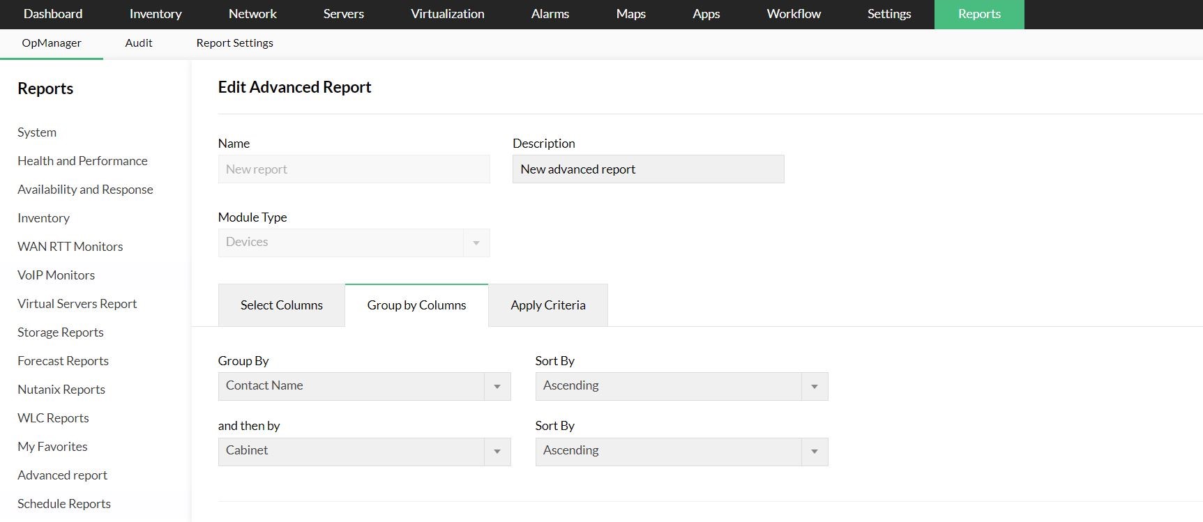Group by columns OpManager advanced reports: Group by columns