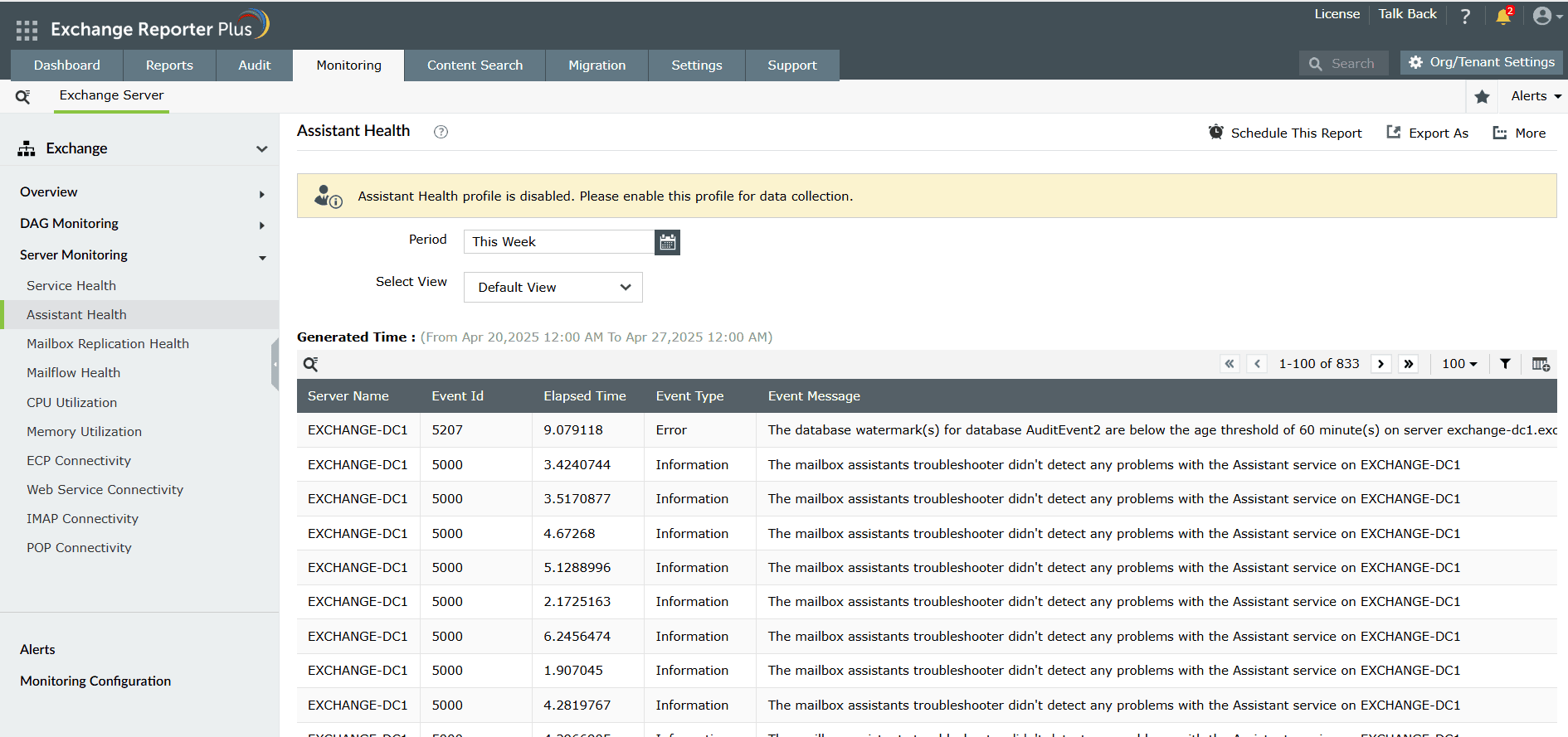 Exchange Assistant Health Reports