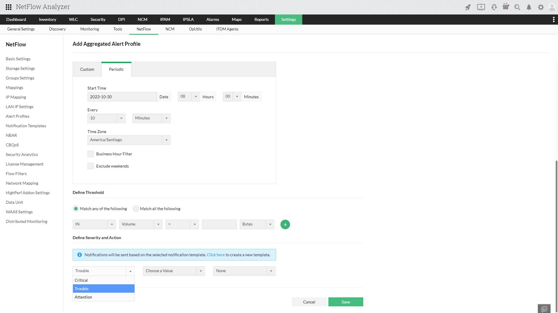 Threshold Based Alert on Fault Management - ManageEngine NetFlow Analyzer