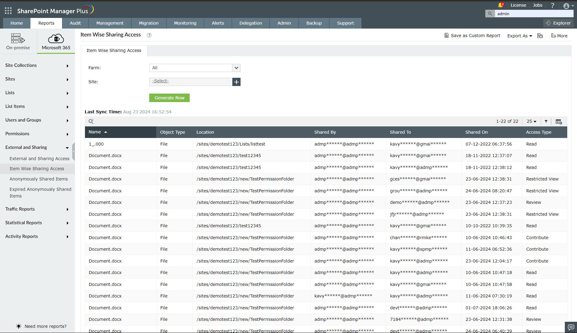 A report generated on external sharing access using SharePoint Manager Plus