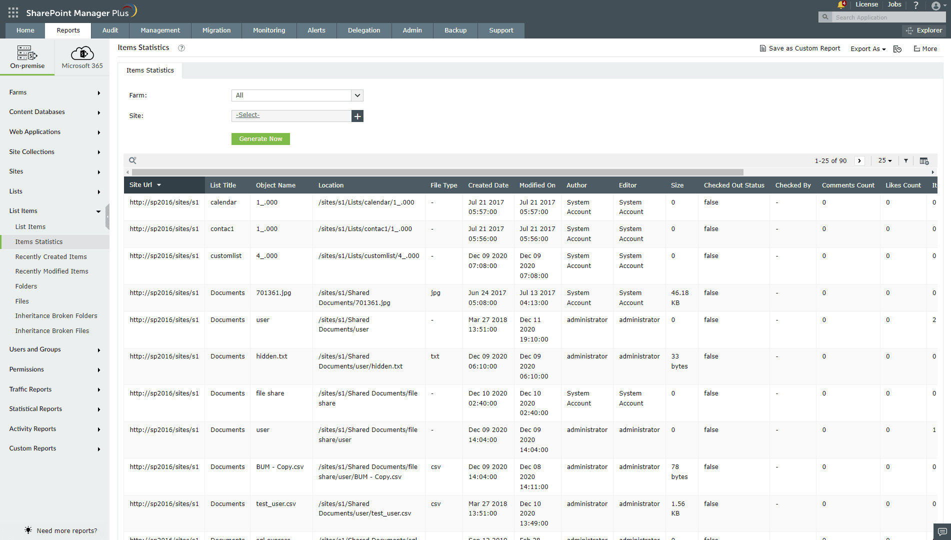 The Items Statistics report generated using SharePoint Manager Plus